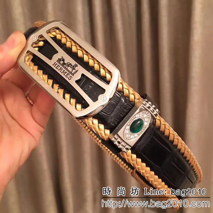 愛馬仕HERMES 純手工編織美洲鱷魚無拼接肚皮 高端男士皮帶 HHG1155